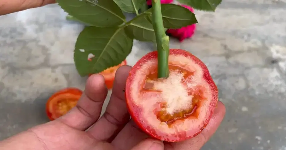 Planta una rosa en una rodaja de tomate y espera unos minutos